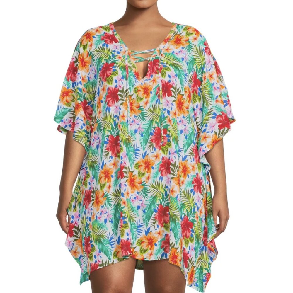 Time and Tru 3X Swim Cover Up Green Pink Floral Lace Up Kaftan Tunic